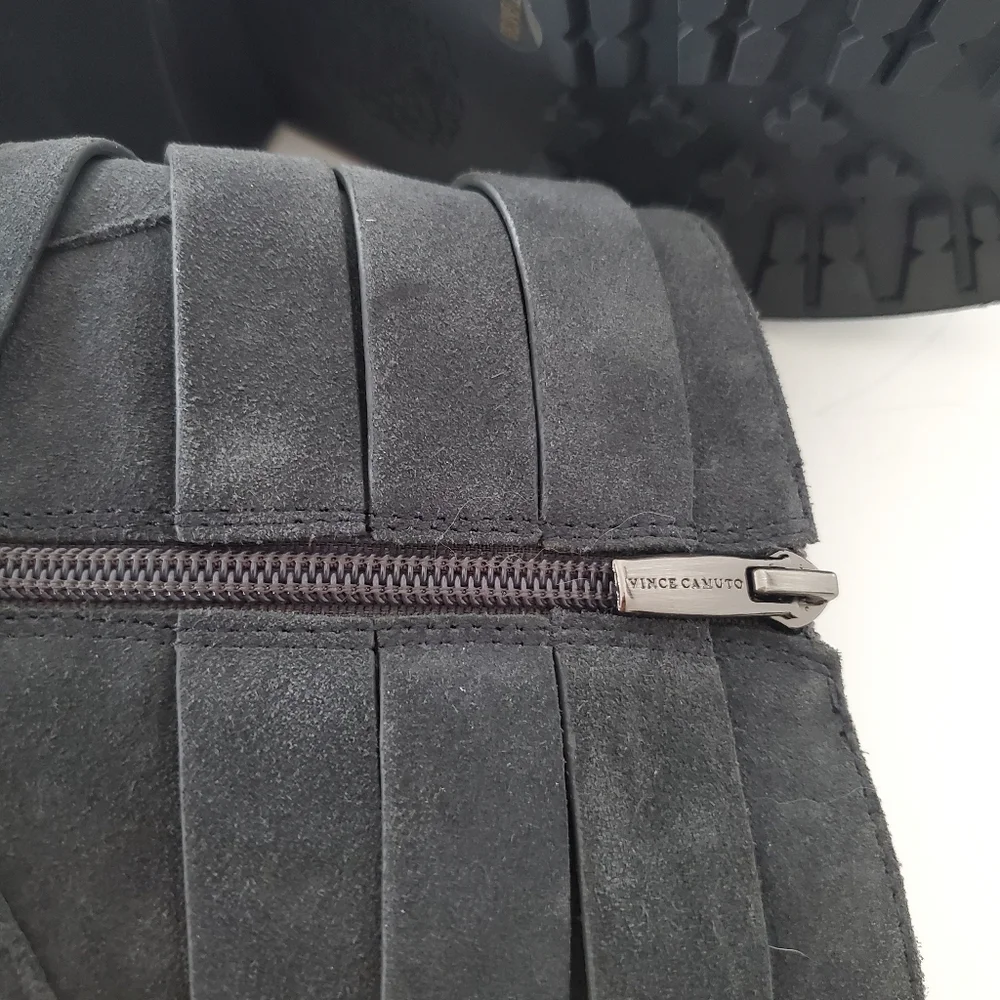 VINCE CAMUTO 7.5 WEBEY Dk Gray Suede Moto Boots Silver Buckle Strap Grunge Goth - Picture 12 of 16